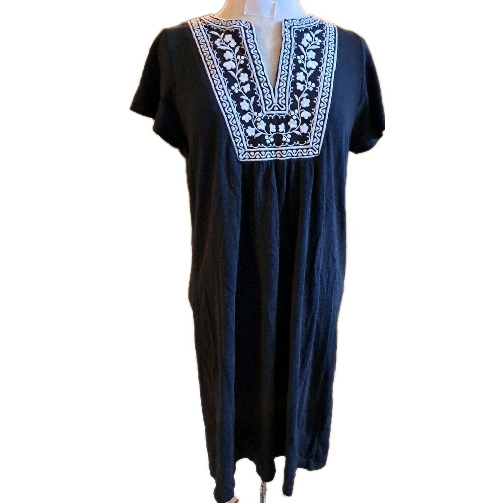 Talbots Embroidered Shift Dress  Women's Size M Black Cap Sleeves Boho Peasant
